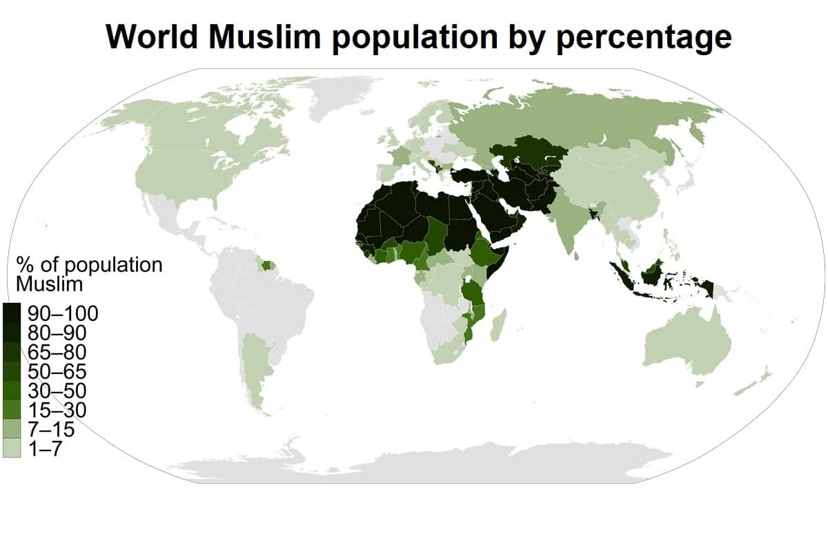 World Muslim population by percentage, world, map
