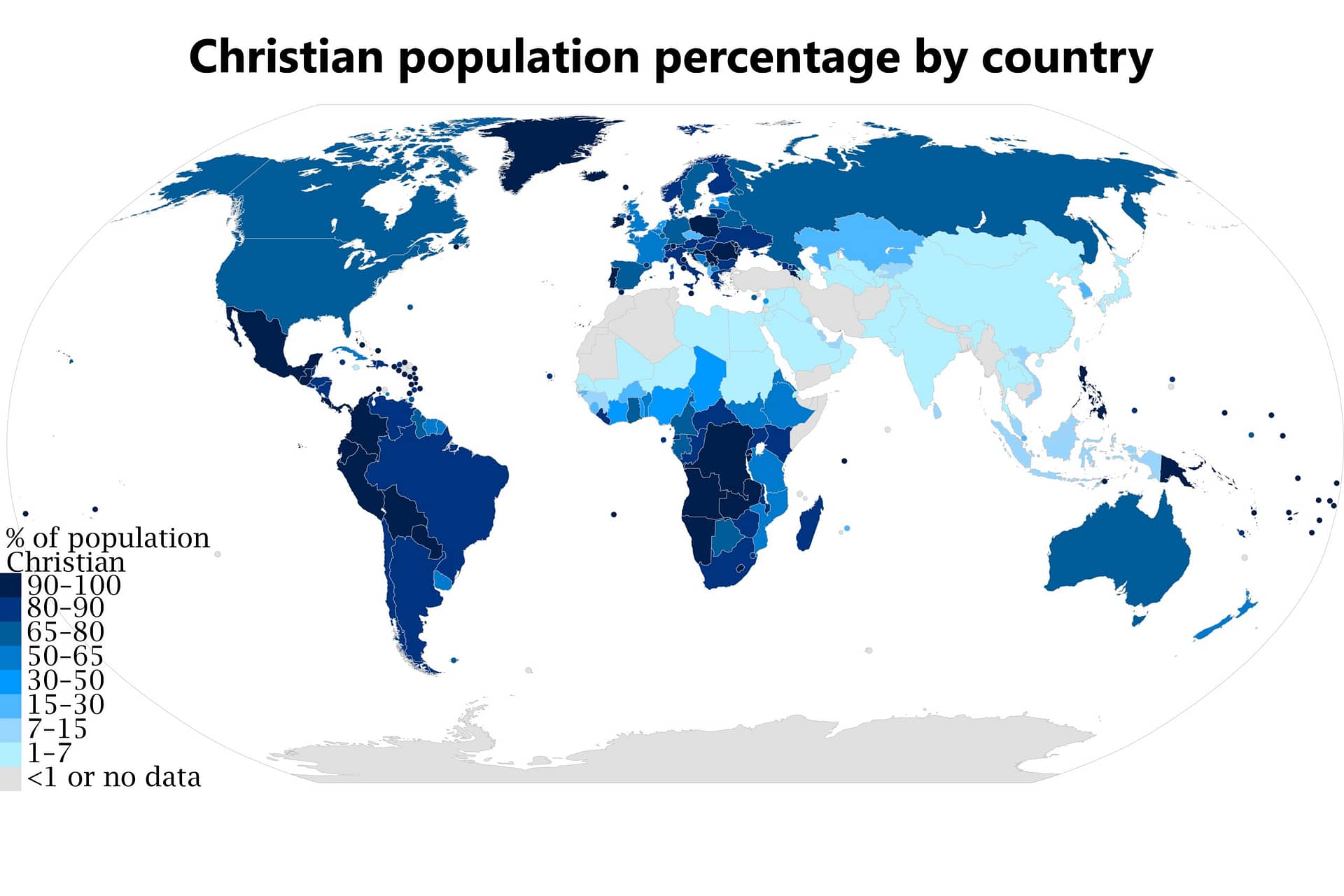 World Christian population by percentage, world, map