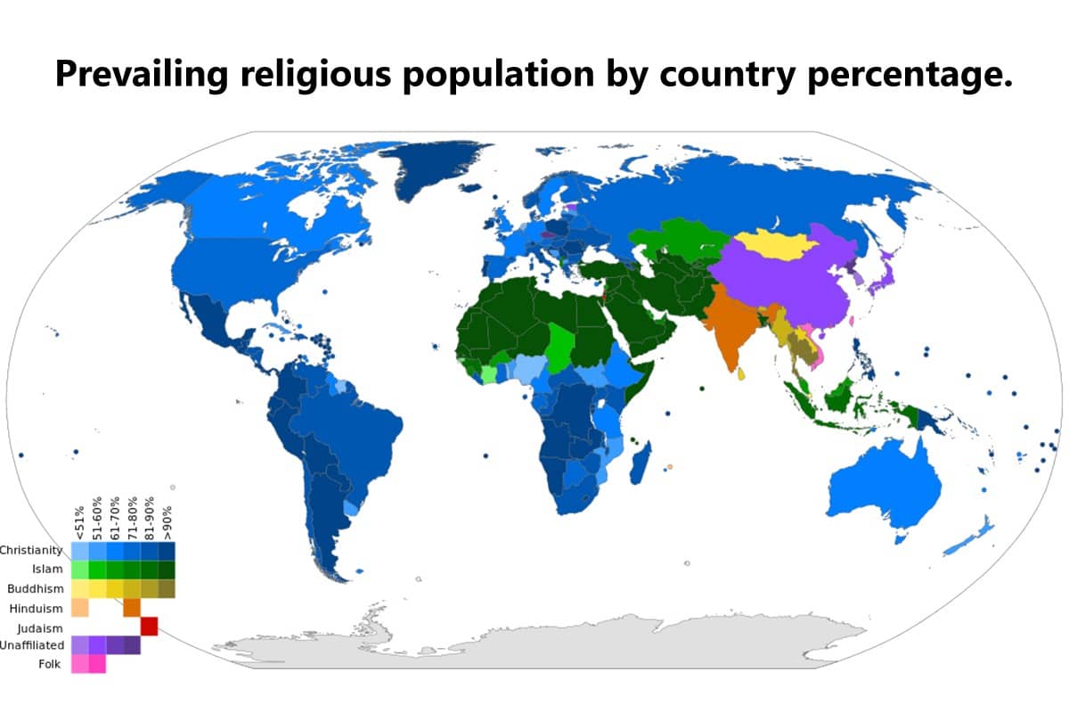 Prevailing religious population by country percentage