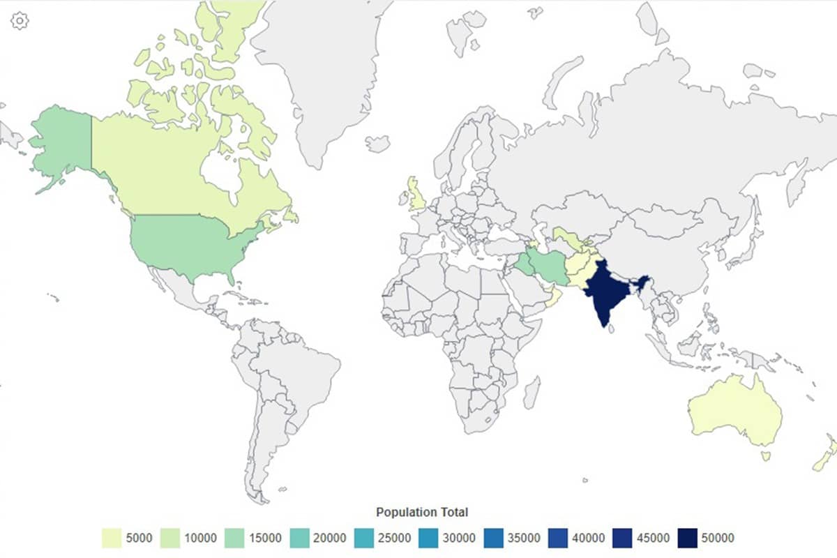 World Zoroastrian population by percentage, world, map
